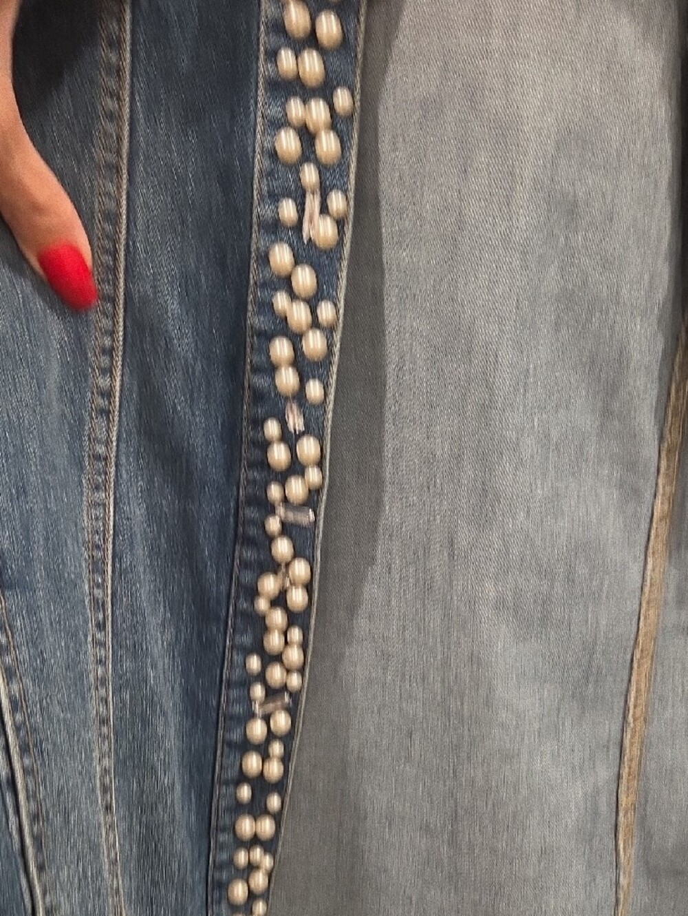 Cato Dark Blue Denim Jacket with Pearl & Gem Trim - Picture 3 of 5